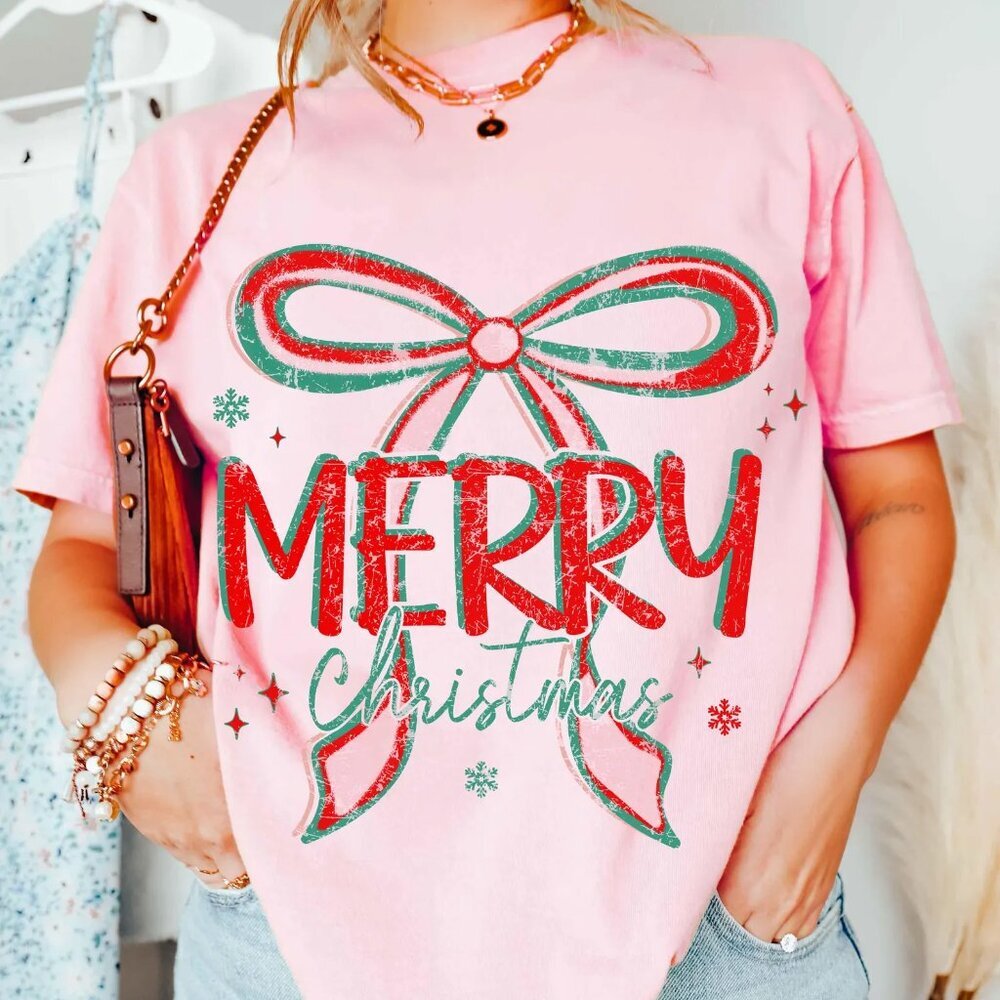 Coquette Merry Christmas Shirt with Bow Christmas Tree, Retro Merry & Bright 05